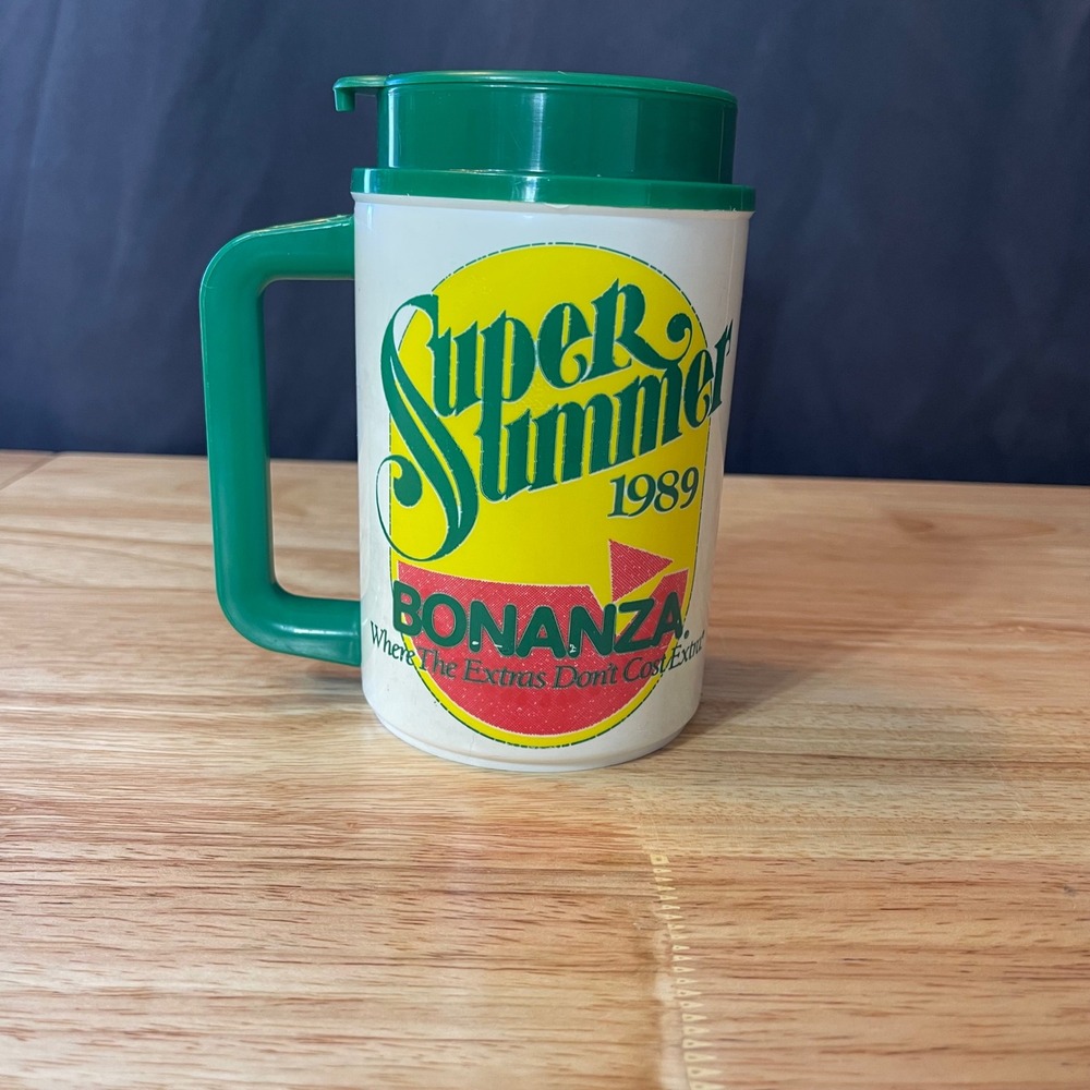 Vintage 1989 Bonanza Steakhouse Super Summer 22oz Thermo Mug Whirley USA Green